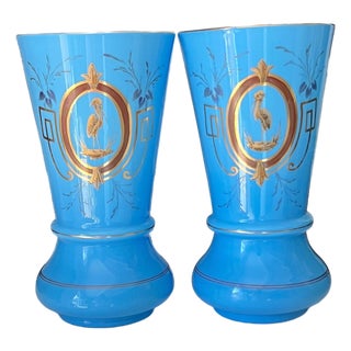 Large Pair of Antique Turquoise Blue Opaline Vases – Hand-Painted Heron Medallions, Gilt Accents For Sale