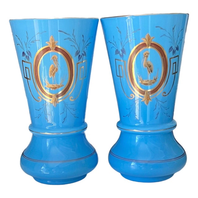 Large Pair of Antique Turquoise Blue Opaline Vases – Hand-Painted Heron Medallions, Gilt Accents For Sale