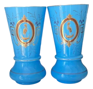 Large Pair of Antique Turquoise Blue Opaline Vases – Hand-Painted Heron Medallions, Gilt Accents