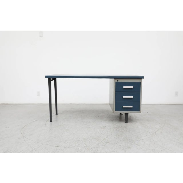 Mid-Century Modern Gispen Industrial "7804" Desk With Blue Drawer Fronts and Linoleum Writing Top For Sale - Image 3 of 13