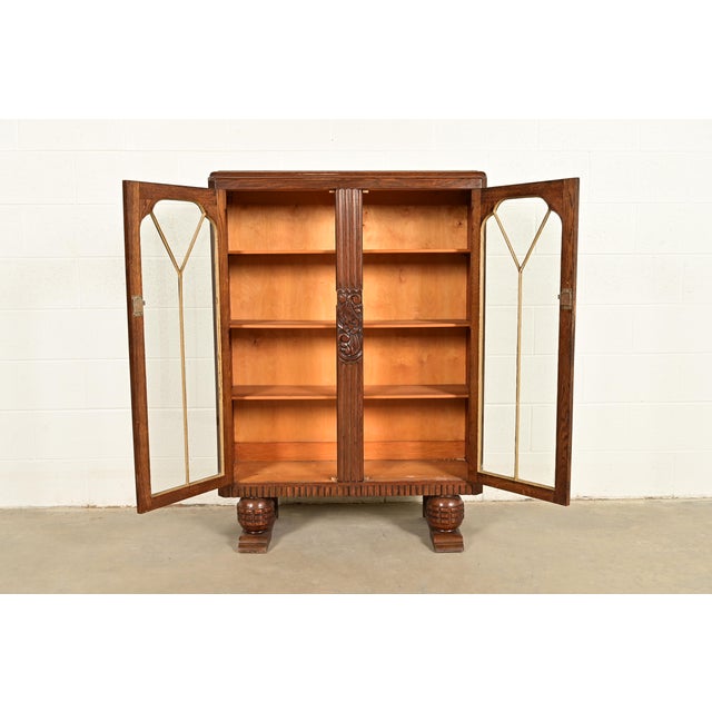 1930s Antique English Art Deco Carved Oak Bookcase or Display Cabinet, Circa 1930s For Sale - Image 5 of 13