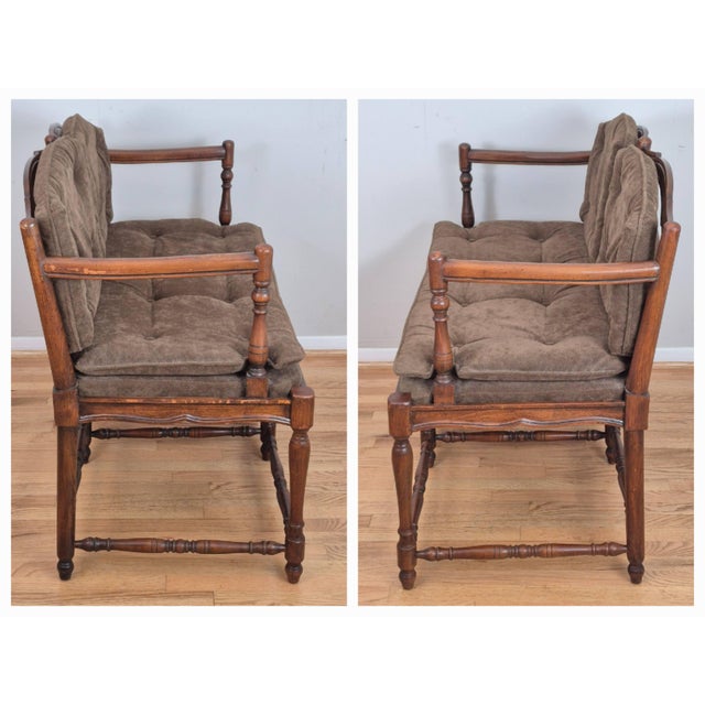 Mid 20th Century French Country Petite Walnut Ladder Back Settee Bench W/ Brown Faux Suede Cushions For Sale - Image 9 of 12