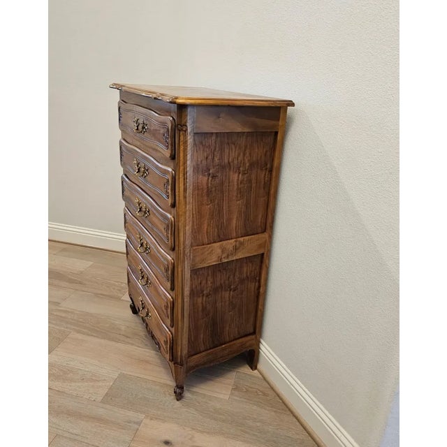 Vintage French Provincial Louis XV Style Walnut Oak Parquetry Semainier For Sale - Image 9 of 13