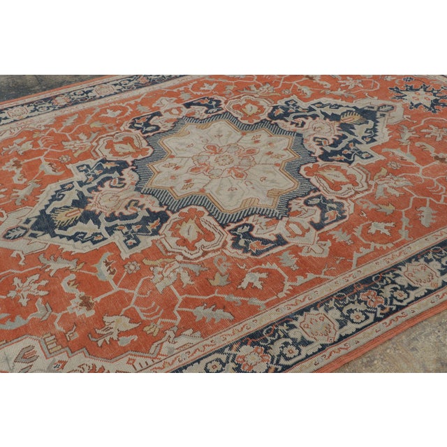 Rug & Kilim Antique Persian Heriz Medallion Rug in Orange and Blue Tones - Rug & Kilim For Sale - Image 4 of 7