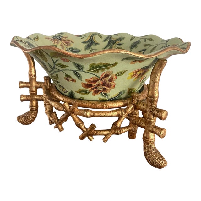 Chinoiserie Green Decorative Bowl and Faux Bamboo Stand For Sale