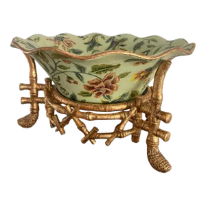 Chinoiserie Green Decorative Bowl and Faux Bamboo Stand