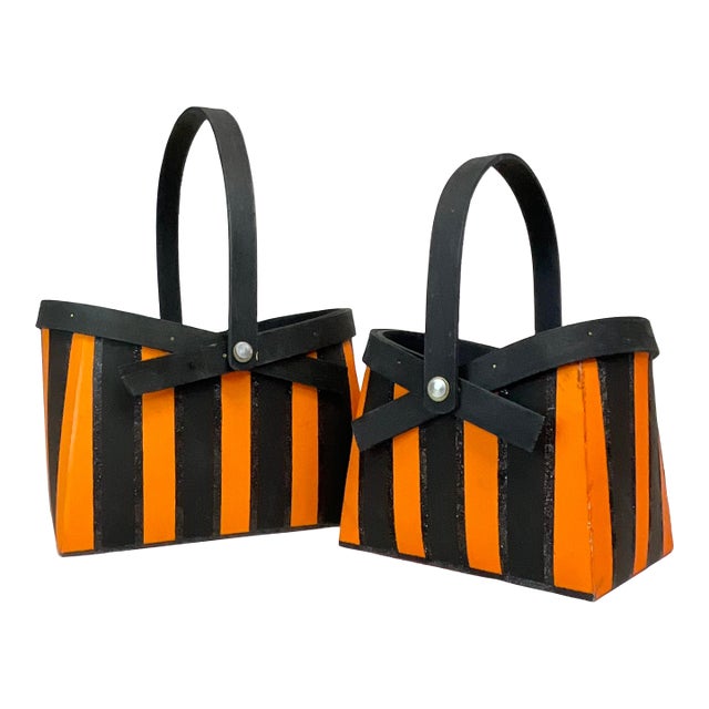 1980s Vintage Americana Hollywood Regency Halloween Striped Wood Baskets - A Pair. For Sale