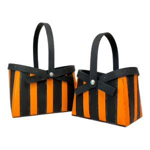 1980s Vintage Americana Hollywood Regency Halloween Striped Wood Baskets - A Pair.