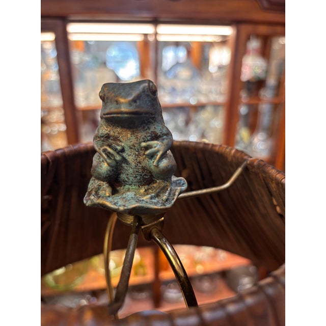 Wood Sculptural Nature-Inspired Table Lamp With Ribbed Bamboo Shade, Dragonfly and Frog Finial For Sale - Image 7 of 11