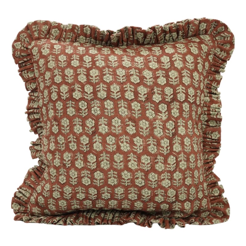 Fabdivine Handcrafted Block Print Frill Cushion Cover Rust 20x20 Inch Thick Linen- Tulsi Buti
