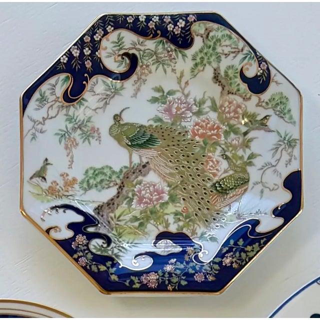 Chinoiserie Olive and Navy Blue Flowers and Borders Wall Plate Curation-Set of 9 For Sale - Image 3 of 13