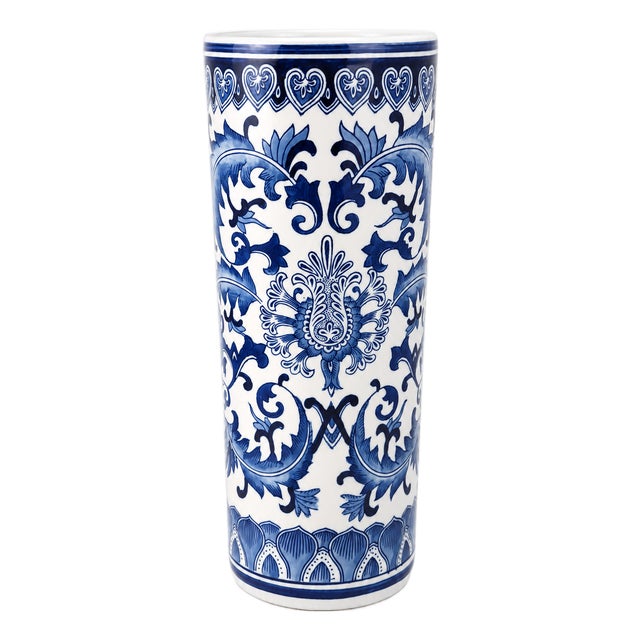 Vintage Heavy White and Blue Chinoiserie Porcelain Umbrella Stand, Circa 1990s For Sale