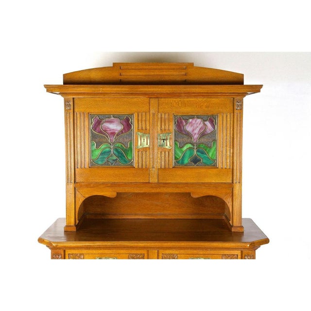 Art Nouveau Buffet in Oak and Tiffany Style Glass, 1910s For Sale - Image 4 of 13