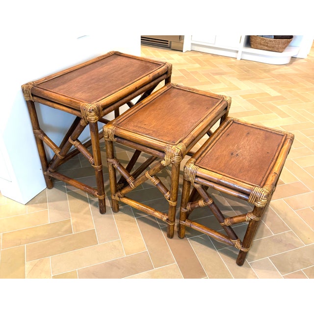 Chestnut Vintage 1950s Rattan & Mahogany Nesting Tables, Set of Three For Sale - Image 8 of 10