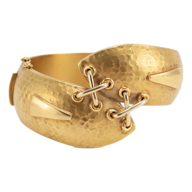 Vintage 18k Yellow Gold Criss-Cross Hammered Wide Bold Statement Bangle Bracelet For Sale