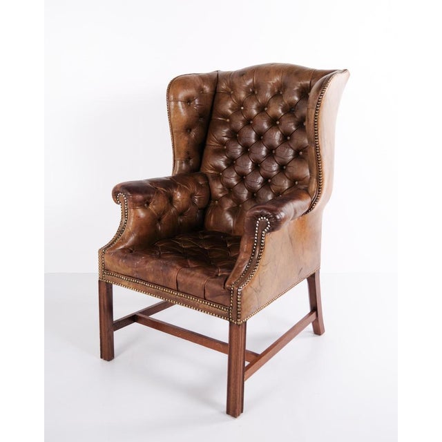 Wood Set of George III Style Wingback Armchair and Ottoman in Brown Leather, 1890s For Sale - Image 7 of 15