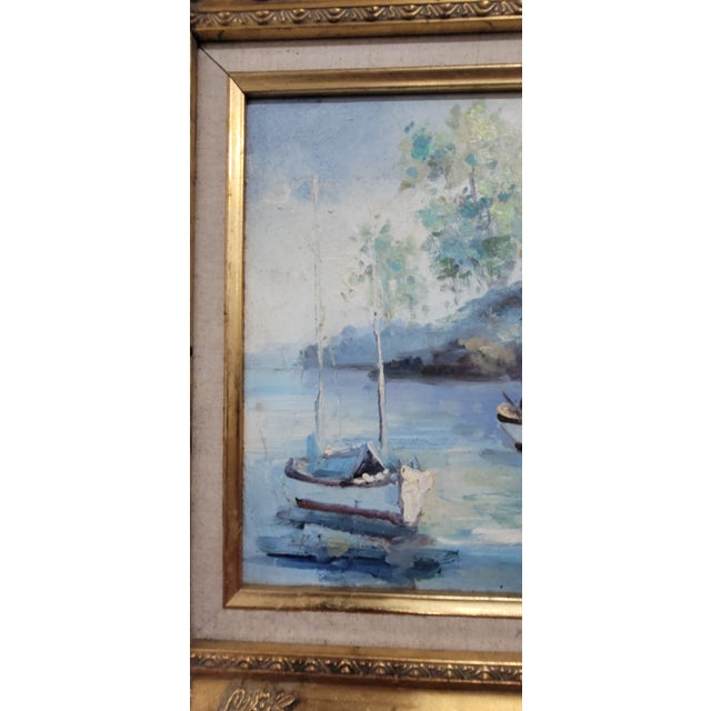 1970s 1970s Unknown Artist - Vibrant Ships in the Harbor Oil Painting Gold Frame For Sale - Image 5 of 12