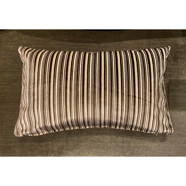 Transitional Grey Stripe Tones Velvet Lumbar Pillow Cover For Sale - Image 3 of 4