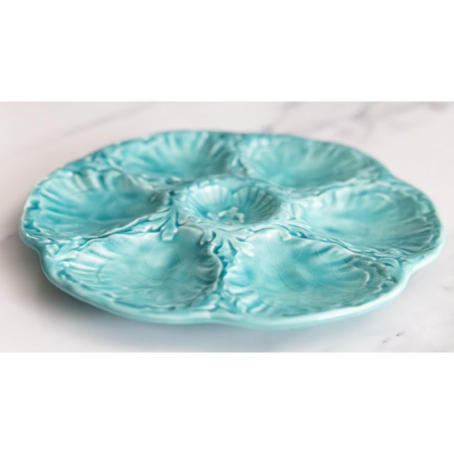 French Vintage French Gien Turquoise Majolica Oyster Plate For Sale - Image 3 of 7