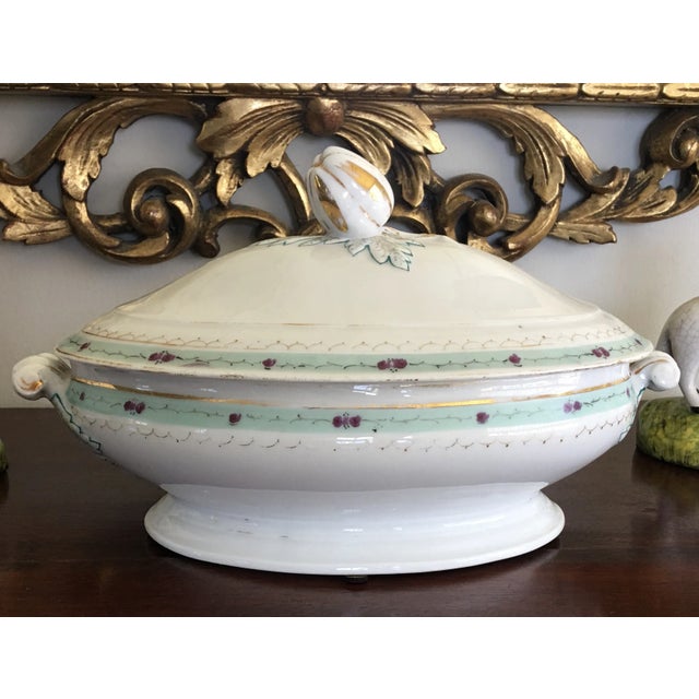 Pair of antique serving dishes with lovely patina and hand painting