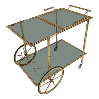 Mid-Century Modern Gilded Brass Faux Bamboo Bar Cart with Removable Tray Top, 1970s For Sale