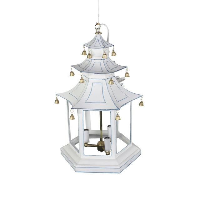 A Three-Tiered Pagoda-Topped Lantern Chandelier Adorned With Blue Details and Gold Hanging Bells. For Sale - Image 4 of 9