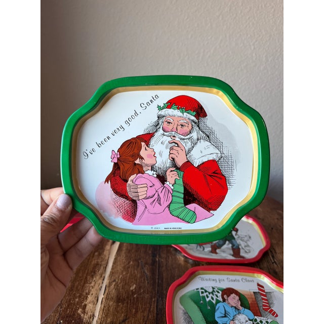 Vintage Jsny Old Fashioned Style Christmas Snack Enameled Metal Tray Set For Sale In Dallas - Image 6 of 9