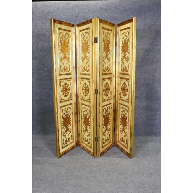 Gold Fine Decorative Arts Gilded Paint Decorated Florentine 4 Panel Dressing Screen For Sale - Image 8 of 10