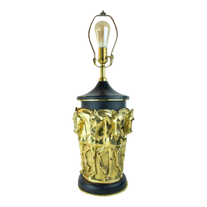 Vintage 1983 Sarreid #9018 — 8 Prancing Horses — Brass & Leather Table Lamp, Black & Gold