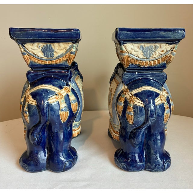 Pair of Vintage Chinoiserie Asian Glazed Ceramic Elephant Plant Stands For Sale - Image 4 of 9