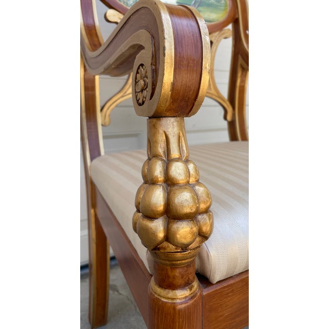 Vintage Italian Neoclassical Regency Hand-Painted Landscape Medallion Reticulated Armchair With Gilt Accents, 38" For Sale - Image 4 of 16