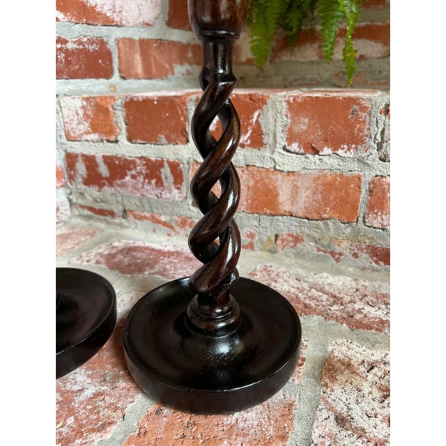 Wood Pair Set Antique English Oak Open Barley Twist Candlesticks Candle Holder Brass For Sale - Image 7 of 12