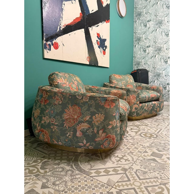 Art Deco Chairs in Floral Silk Fabric with Brass Base, 1940, Set of 2 For Sale - Image 15 of 17