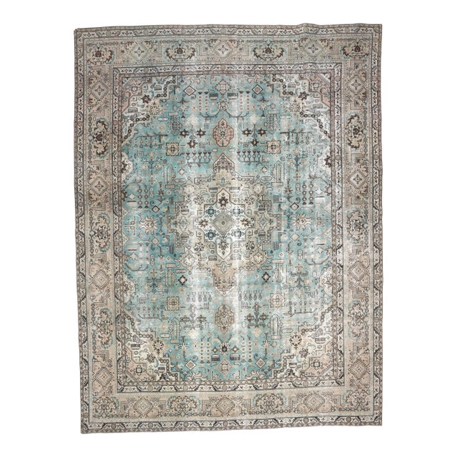 1970s Vintage Persian Handmade Wool Cotton Light Blue Area Rug For Sale