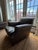Transitional George Smith grey-brown leather club chair with matching ottoman. Overall - W: 34.5", H: 33", D: 57.5" Chair...