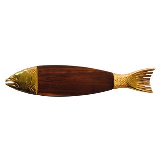 Gilt Metal & Teak Fish Cutting Board For Sale