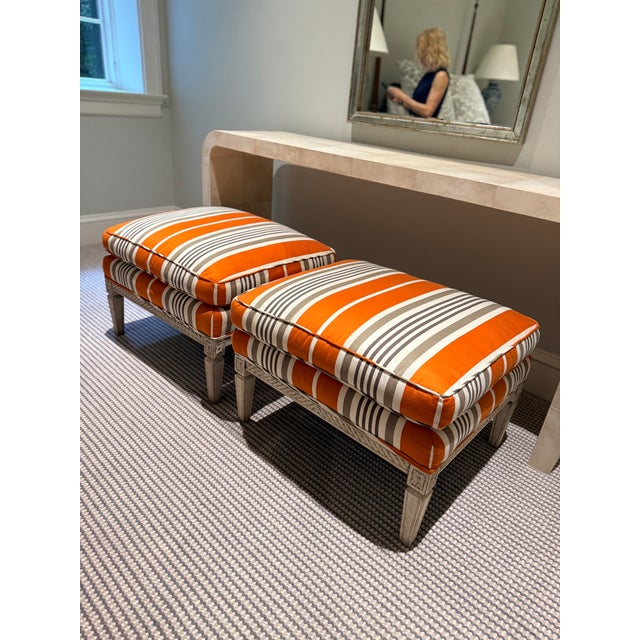 Pair of Hickory Chair Orange and Gray Striped Ottomans For Sale - Image 10 of 10