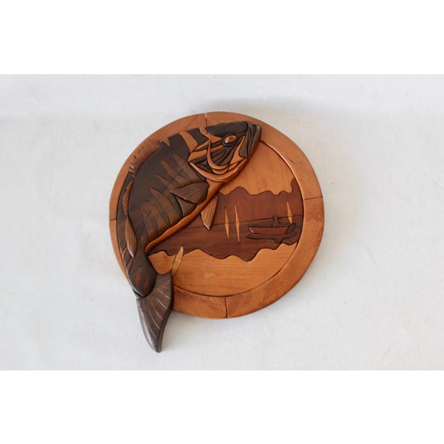 Vintage Intarsia Wood Fish and Lake Scene Wall Art For Sale - Image 4 of 9
