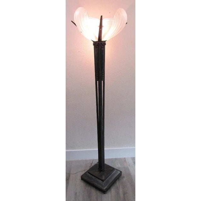 1930s French Art Deco Wrought Iron and Sculpted Frosted Glass Torchiere Floor Lamp Attributed to Atelier Petitot and Muller Frères For Sale - Image 14 of 18