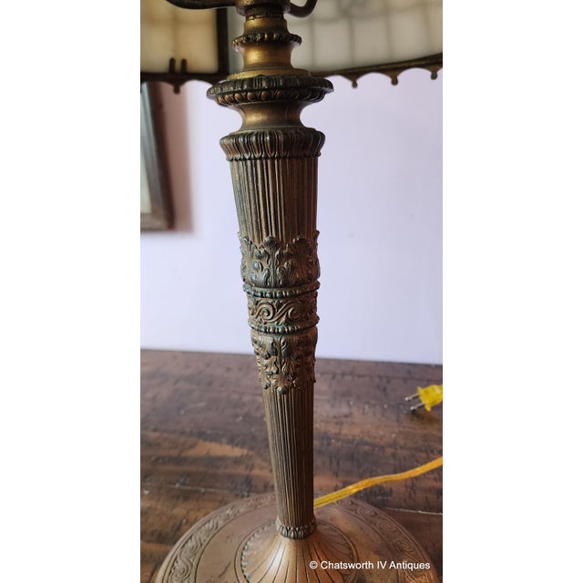 1920s Signed Edward Miller Art Nouveau Style Slag Glass 6 Panel Table Lamp, C1920s For Sale - Image 5 of 14