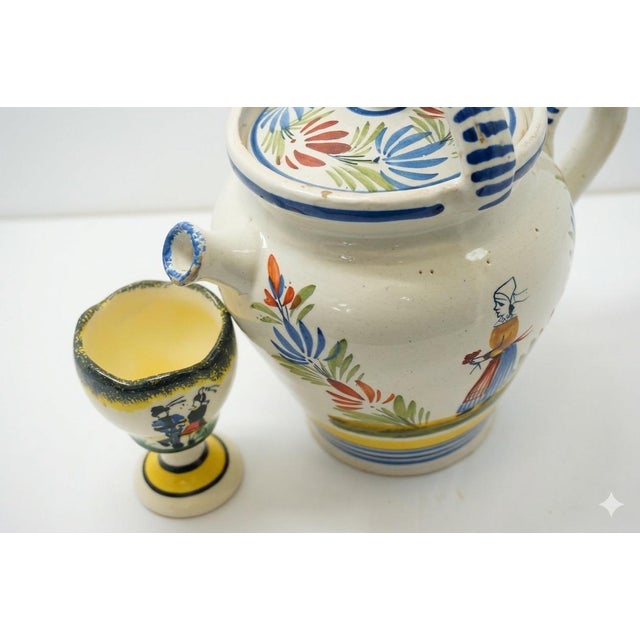 Traditional Vintage HenRiot Quimper Faience Pottery Teapot & Coordinating Egg Cup For Sale - Image 3 of 8