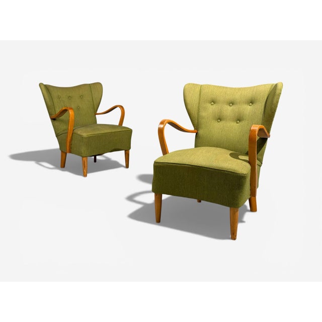 Mid-Century Modern Swedish Modern, Lounge Chairs, Elm, Green Fabric, Sweden, 1930s For Sale - Image 3 of 10