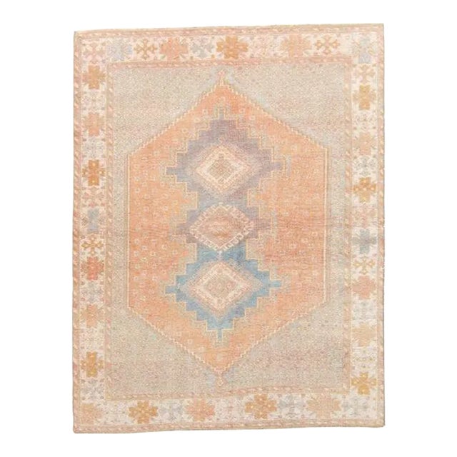 1940s Vintage Medallion Geometric Floral Apricot & Blue Hand-Knotted Rug- 4’2” x 5’4” For Sale
