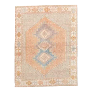 1940s Vintage Medallion Geometric Floral Apricot & Blue Hand-Knotted Rug- 4’2” x 5’4”