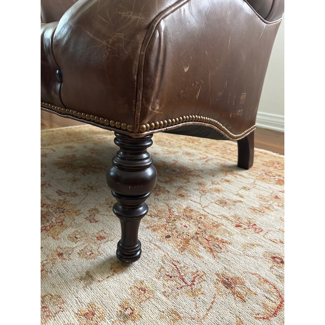 Oversized Diamond Tufted Leather Library Chair, Bobbin Legs & Nailhead Trim For Sale In Los Angeles - Image 6 of 7