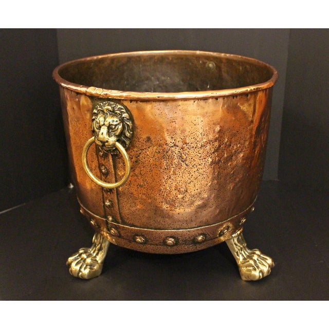 Large copper & brass , English, mid-19th century. Riveted construction. Bold lion paw feet & lion masks with ring handles....