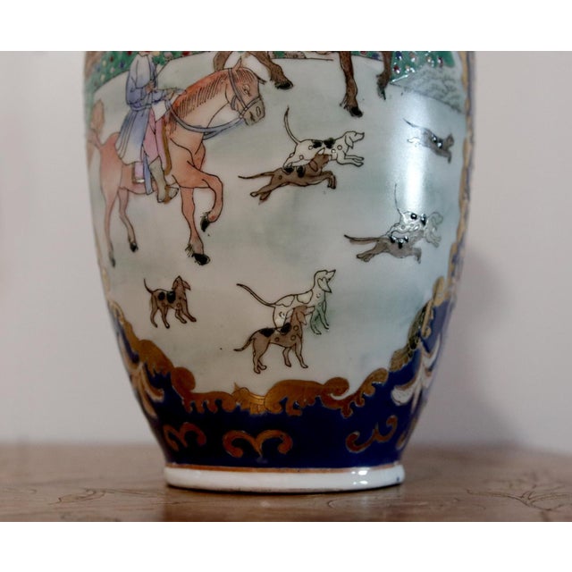 Chinese 1940s Blue, White and Gilt Baluster Vase with Asian Men on Horseback, Hunt Scene For Sale - Image 3 of 6