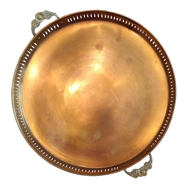 Mid Century Brass Copper Round Tray With Handles Butler Serving For Sale