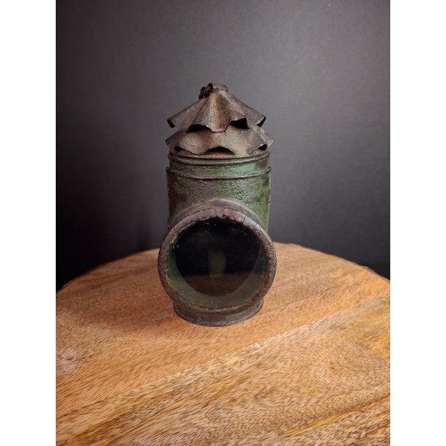 Antique Tin Bullseye Candle Lantern Crimped Top Green Painted Belt Lamp For Sale In Boston - Image 6 of 18