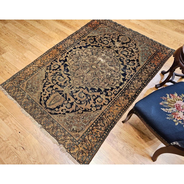 19th Century Persian Farahan Sarouk Rug, Hand-Knotted Wool, Floral Medallion Pattern, Ivory & Navy, 5x6 For Sale - Image 9 of 18